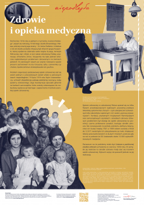 plansza wystawy, napis "Zdrowie i opieka medyczna", na dole po lewej zdjęcie kobiet trzymających na rękach małe dzieci, u góry po prawej zdjęcielekarki rozmawiającej przy biurku z kobietą/pacjentką